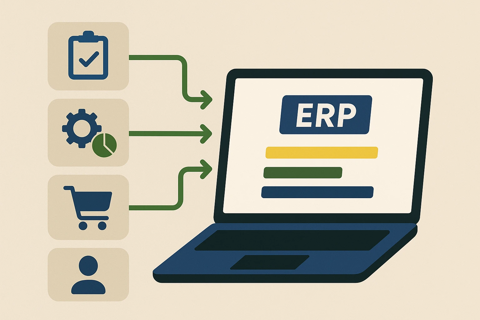A diagram or flowchart illustrating a business process being simplified into a central ERP dashboard, shown on a laptop screen.