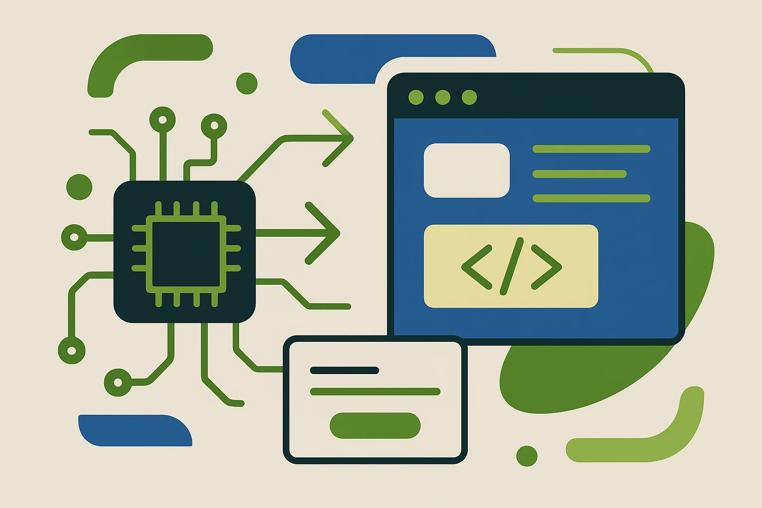 A dynamic, abstract image representing the fusion of hardware (circuits, devices) and software (code, UI elements) using the brand's color palette.