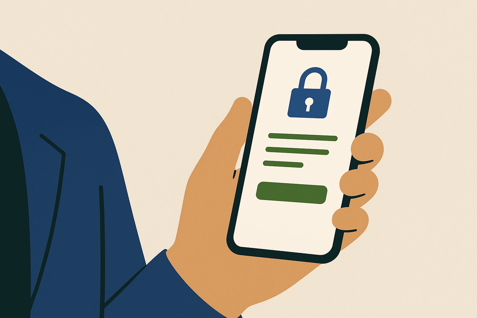 A professional holding a sleek, minimalist smartphone. The screen displays a clean, secure-looking interface without typical app store icons.