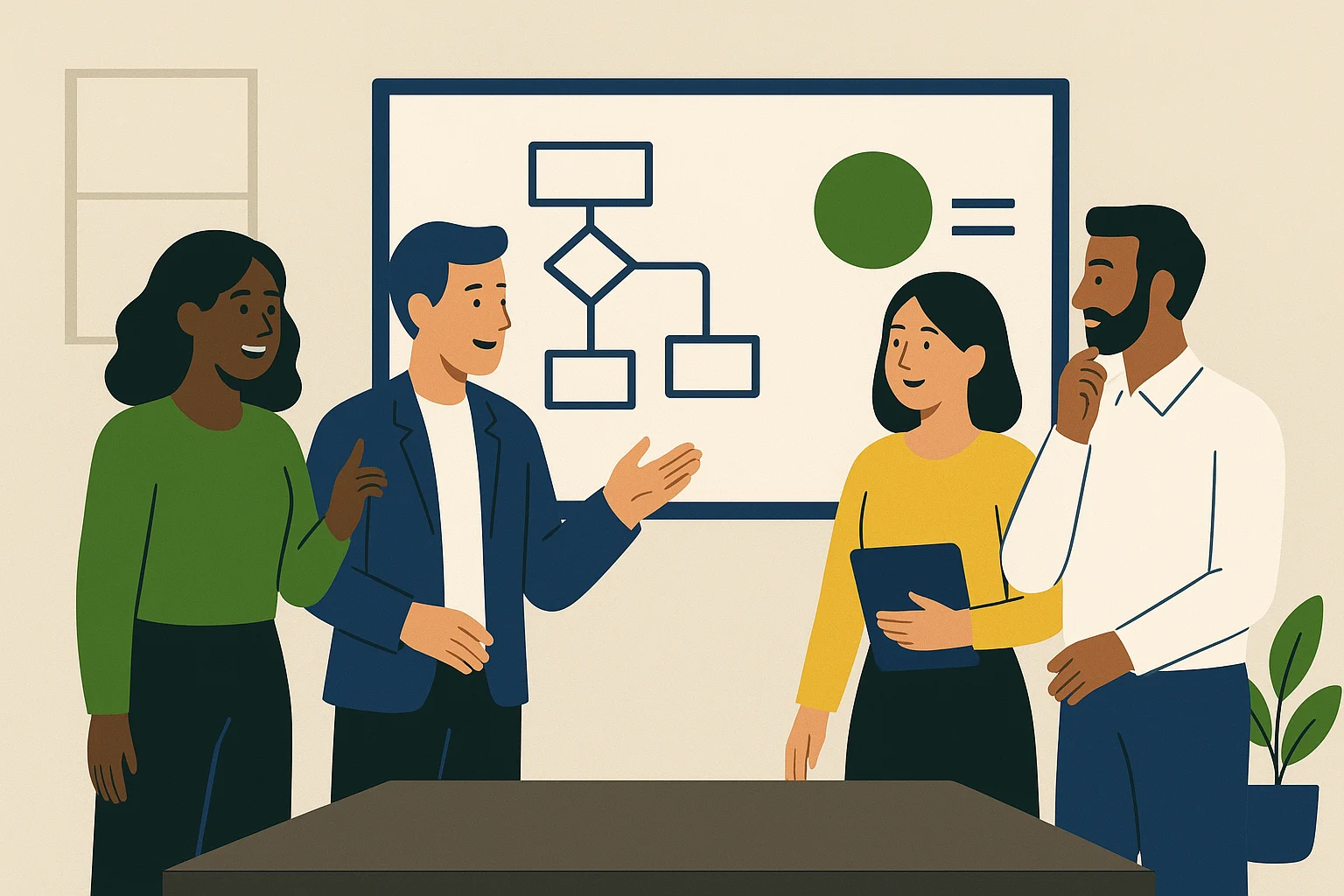 A diverse team of professionals collaborating around a whiteboard or digital screen, looking engaged and innovative. The setting is a modern, clean office.